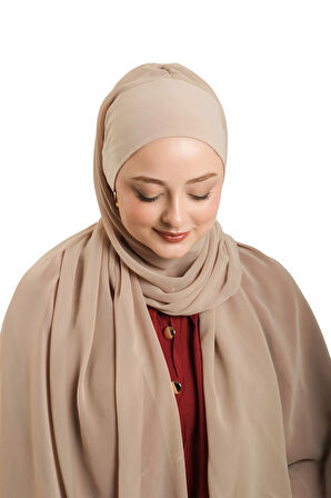 Bej Pratik Hazır Geçmeli Bone Şal Şifon Düz 2506_12