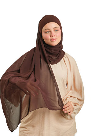 Kahve Pratik Hazır Geçmeli Bone Şal Şifon Düz 2506_14