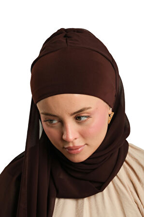 Kahve Pratik Hazır Geçmeli Bone Şal Şifon Düz 2506_14