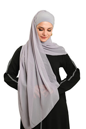 Gri Pratik Hazır Geçmeli Bone Şal Şifon Düz 2506_15