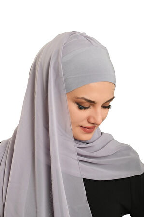 Gri Pratik Hazır Geçmeli Bone Şal Şifon Düz 2506_15