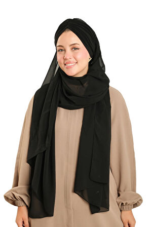 Siyah Pratik Hazır Geçmeli Bone Şal Şifon Drapeli 2507_01