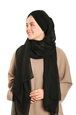 Siyah Pratik Hazır Geçmeli Bone Şal Şifon Drapeli 2507_01