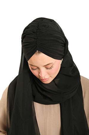 Siyah Pratik Hazır Geçmeli Bone Şal Şifon Drapeli 2507_01