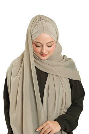 Bej Pratik Hazır Geçmeli Bone Şal Şifon Drapeli 2507_12