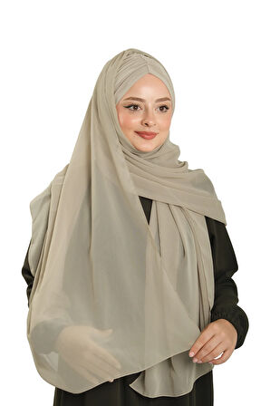 Bej Pratik Hazır Geçmeli Bone Şal Şifon Drapeli 2507_12
