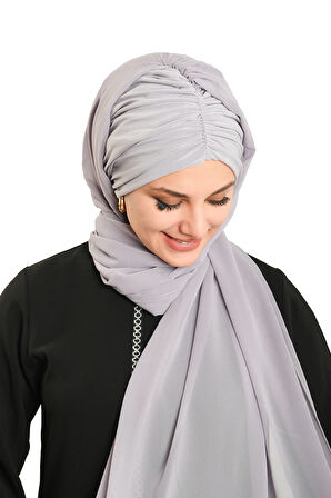 Gri Pratik Hazır Geçmeli Bone Şal Şifon Drapeli 2507_15