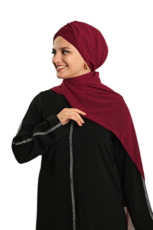 Bordo Pratik Hazır Geçmeli Bone Şal Şifon Drapeli 2507_16