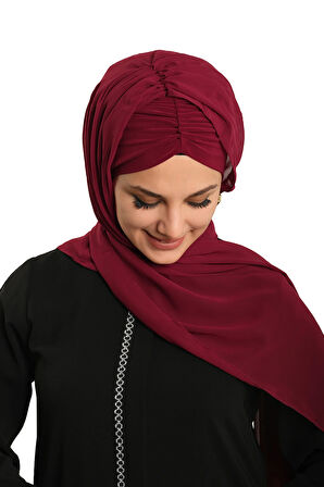 Bordo Pratik Hazır Geçmeli Bone Şal Şifon Drapeli 2507_16