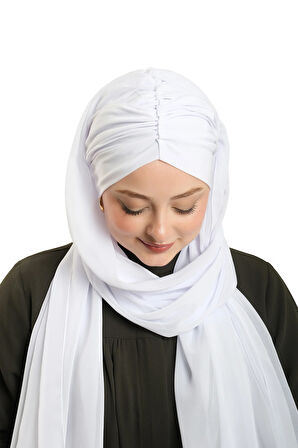 Beyaz Pratik Hazır Geçmeli Bone Şal Şifon Drapeli 2507_42