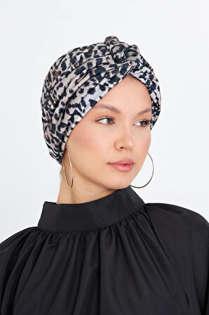 Gri Çapraz Büzgülü Tesettür Bone Sandy Leopar Desen 2511_15