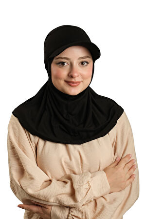 Siyah Pratik Hazır Geçmeli Şapkalı Tesettür Eşarp Viskon Düz 2513_01