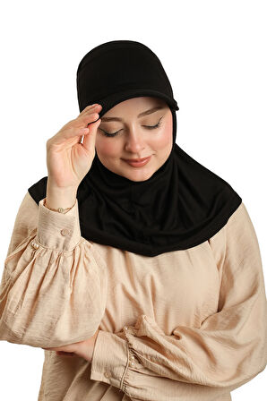 Siyah Pratik Hazır Geçmeli Şapkalı Tesettür Eşarp Viskon Düz 2513_01