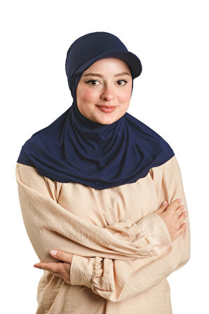 Lacivert Pratik Hazır Geçmeli Şapkalı Tesettür Eşarp Viskon Düz 2513_02