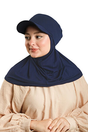 Lacivert Pratik Hazır Geçmeli Şapkalı Tesettür Eşarp Viskon Düz 2513_02