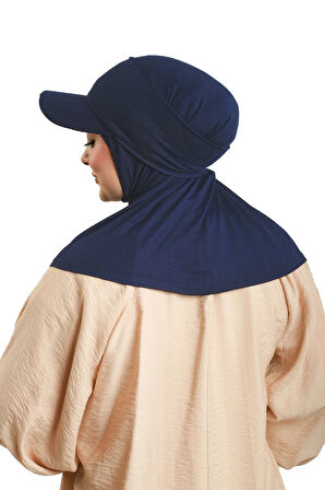 Lacivert Pratik Hazır Geçmeli Şapkalı Tesettür Eşarp Viskon Düz 2513_02