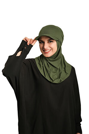 Haki Pratik Hazır Geçmeli Şapkalı Tesettür Eşarp Viskon Düz 2513_09