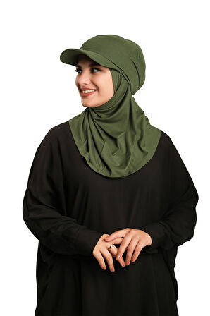 Haki Pratik Hazır Geçmeli Şapkalı Tesettür Eşarp Viskon Düz 2513_09