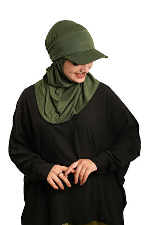 Haki Pratik Hazır Geçmeli Şapkalı Tesettür Eşarp Viskon Düz 2513_09