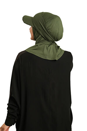 Haki Pratik Hazır Geçmeli Şapkalı Tesettür Eşarp Viskon Düz 2513_09