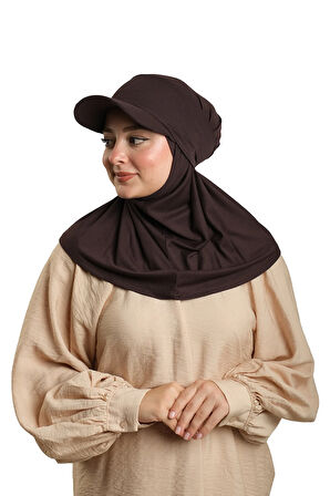 Kahve Pratik Hazır Geçmeli Şapkalı Tesettür Eşarp Viskon Düz 2513_14