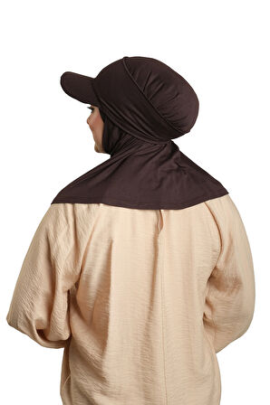 Kahve Pratik Hazır Geçmeli Şapkalı Tesettür Eşarp Viskon Düz 2513_14