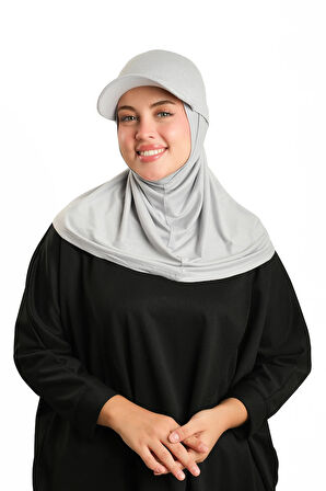 Gri Pratik Hazır Geçmeli Şapkalı Tesettür Eşarp Viskon Düz 2513_15