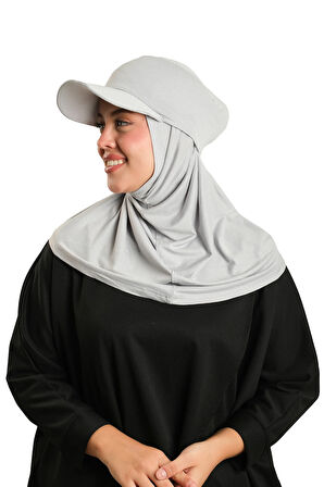 Gri Pratik Hazır Geçmeli Şapkalı Tesettür Eşarp Viskon Düz 2513_15