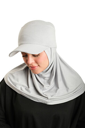 Gri Pratik Hazır Geçmeli Şapkalı Tesettür Eşarp Viskon Düz 2513_15