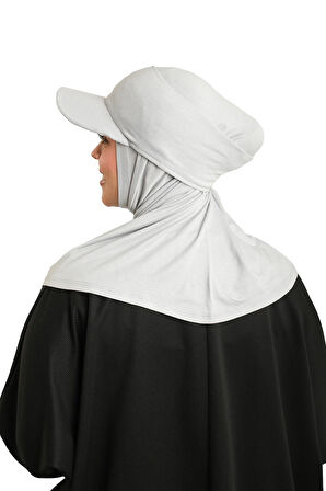 Gri Pratik Hazır Geçmeli Şapkalı Tesettür Eşarp Viskon Düz 2513_15