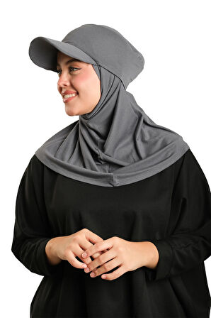 Antrasit Pratik Hazır Geçmeli Şapkalı Tesettür Eşarp Viskon Düz 2513_25