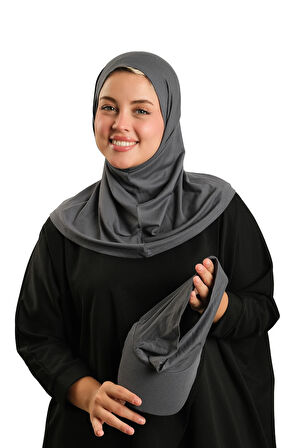 Antrasit Pratik Hazır Geçmeli Şapkalı Tesettür Eşarp Viskon Düz 2513_25