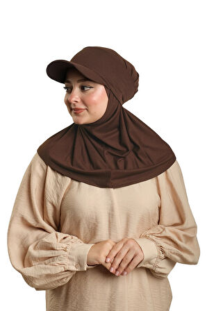 Açık Kahve Pratik Hazır Geçmeli Şapkalı Tesettür Eşarp Viskon Düz 2513_47