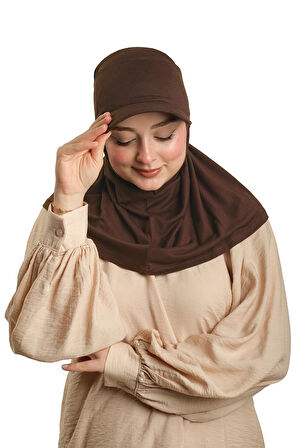 Açık Kahve Pratik Hazır Geçmeli Şapkalı Tesettür Eşarp Viskon Düz 2513_47