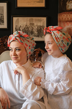Kiremit Dijital Baskılı Anne Kız Kombin Tesettür Eşarp Pamuk Polyester Yıldız Desenli 6004_05