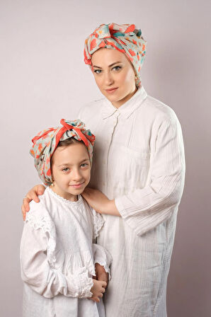 Kiremit Dijital Baskılı Anne Kız Kombin Tesettür Eşarp Pamuk Polyester Yıldız Desenli 6004_05