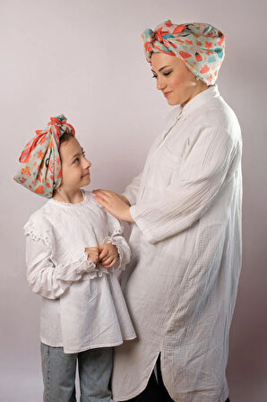 Kiremit Dijital Baskılı Anne Kız Kombin Tesettür Eşarp Pamuk Polyester Yıldız Desenli 6004_05