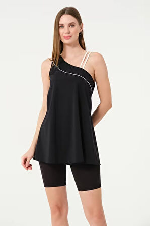 Tesmay 24158 Siyah Tek Omuz İki İpli Lycralı Yarı Kapalı Havuz Mayo