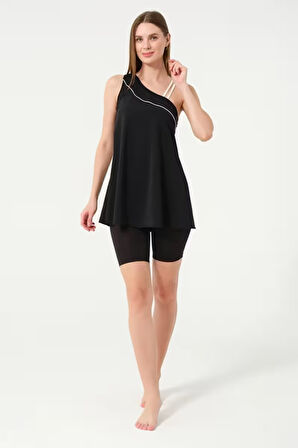 Tesmay 24158 Siyah Tek Omuz İki İpli Lycralı Yarı Kapalı Havuz Mayo