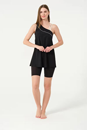 Tesmay 24158 Siyah Tek Omuz İki İpli Lycralı Yarı Kapalı Havuz Mayo