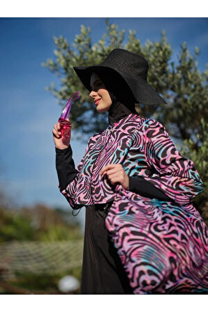 Tesmay 22150 Siyah Dijital Desenli Lycralı Tesettür Mayo