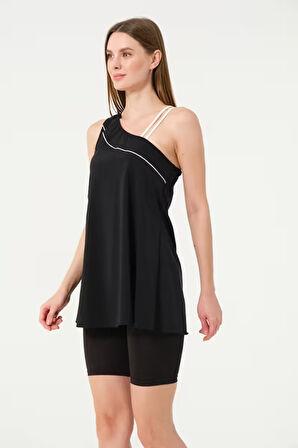 Tesmay 24158 Siyah Tek Omuz İki İpli Lycralı Yarı Kapalı Havuz Mayo