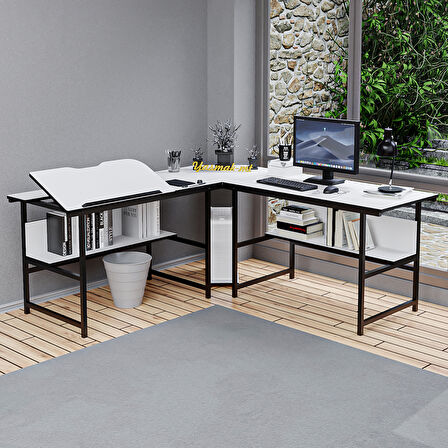 300-B Beyaz L Bilgisayar ve Çizim Masası 