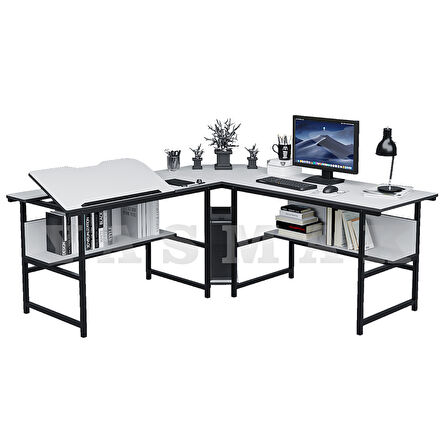 300-B Beyaz L Bilgisayar ve Çizim Masası 