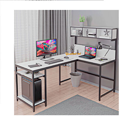  600-B Beyaz Yüksek Raflı L Ofis ve Çalışma masası