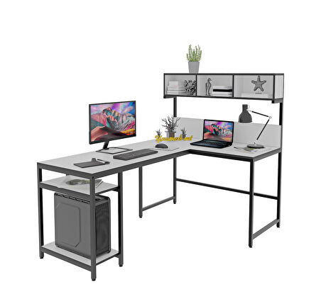  600-B Beyaz Yüksek Raflı L Ofis ve Çalışma masası