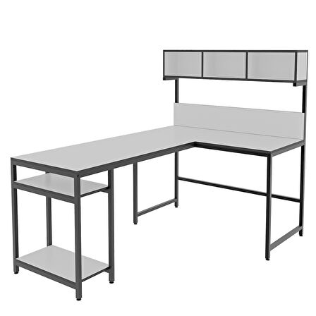  600-B Beyaz Yüksek Raflı L Ofis ve Çalışma masası