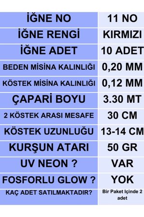 ea genset Çapari, İstavrit Çaparisi, 20x12 Beden, Uv Neon Kırmızı Sim, 11 No Kırmızı İğne, 10 İğneli Çapari 2li Paket