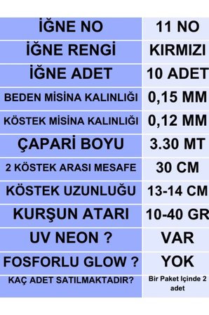 ea genset Çapari, İstavrit Çaparisi, 15x12 Beden, Uv Neon Kırmızı Sim, 11 No Kırmızı İğne, 10 İğneli Çapari 2li Paket