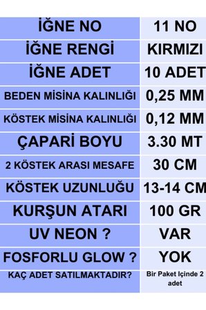 ea genset Çapari, İstavrit Çaparisi, 25x12 Beden, Uv Neon Turuncu Sim, 11 No Kırmızı İğne, 10 İğneli Çapari 2li Paket
